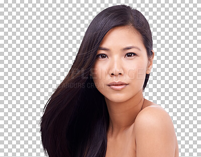 Buy stock photo Asian woman, portrait and beauty hair for salon treatment isolated on a transparent PNG background. Face of calm female person or model in relax for haircare, product cosmetics or healthy keratin