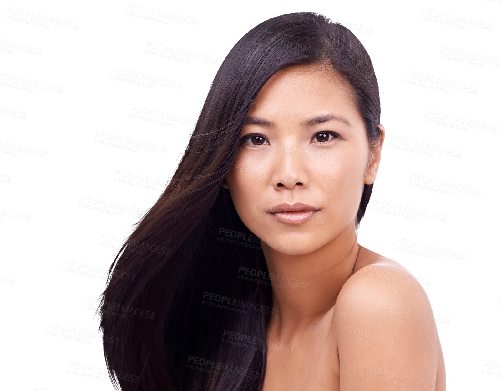 Buy stock photo Asian woman, portrait and beauty hair for salon treatment isolated on a transparent PNG background. Face of calm female person or model in relax for haircare, product cosmetics or healthy keratin