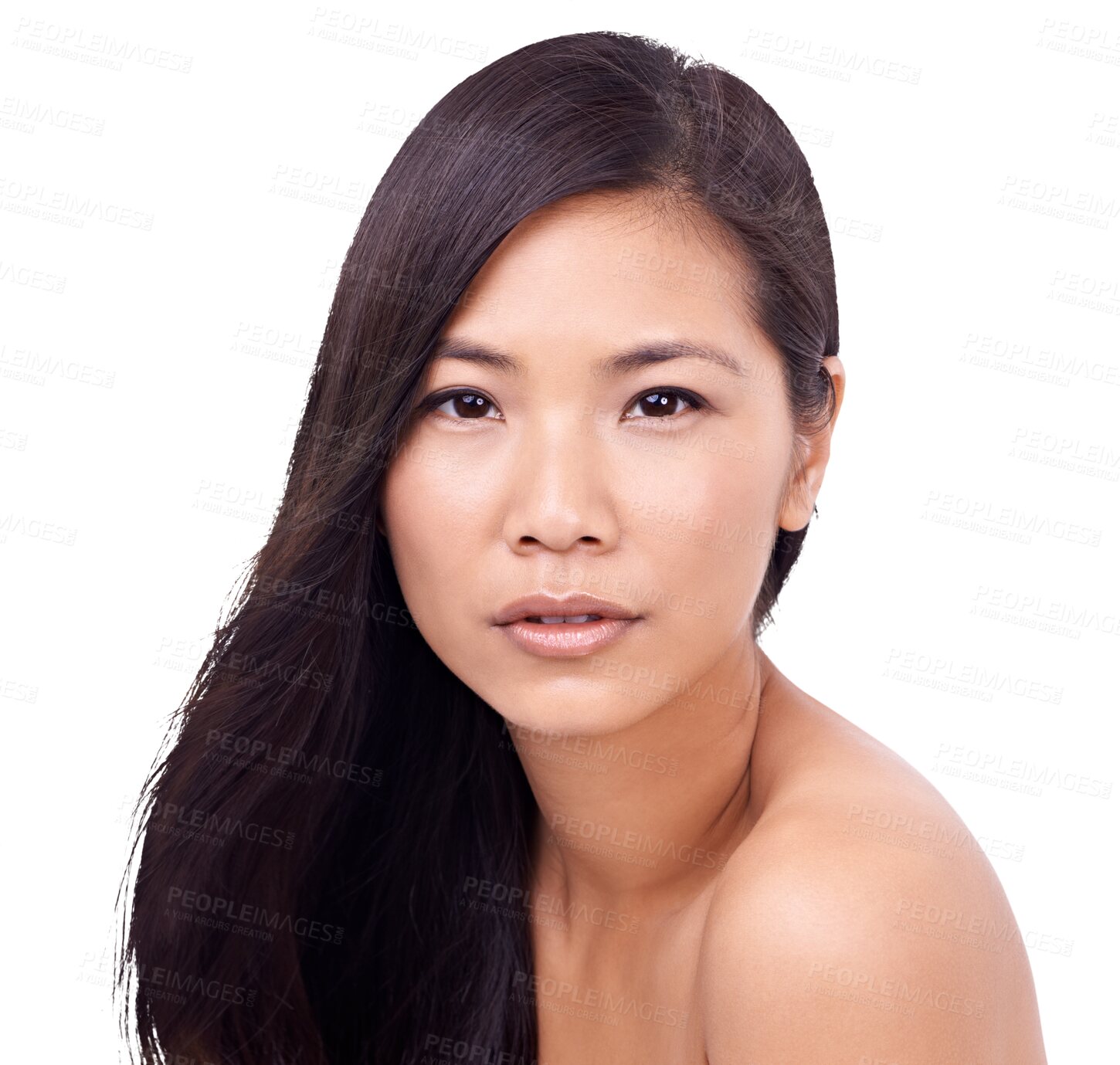 Buy stock photo Beauty, hairstyle and skincare with portrait of asian woman on transparent background for cosmetics, natural and spa. Dermatology, glow and salon with face of person isolated on png for self care