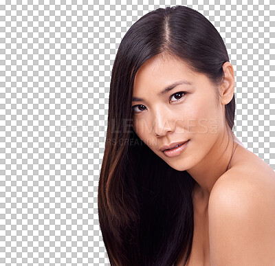 Buy stock photo Asian woman, face and portrait in natural beauty, haircare or salon isolated on a transparent PNG background. Female person or model with long hair in relax for product cosmetics or keratin treatment