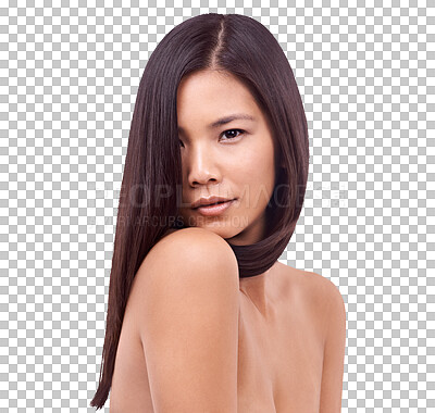 Buy stock photo Asian woman, portrait and hair in keratin treatment, salon or beauty isolated on a transparent PNG background. Face of female person or model with natural long hairstyle in relax for cosmetic product