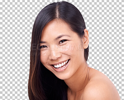 Buy stock photo Happy asian woman, portrait smile and natural beauty for salon treatment isolated on a transparent PNG background. Face of female person or model smiling for haircare cosmetics, products or keratin