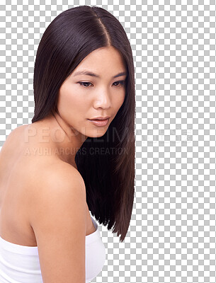 Buy stock photo Beauty, hairstyle and skincare with face of asian woman on transparent background for cosmetics, natural and spa. Dermatology, glow and salon with female person isolated on png for self care