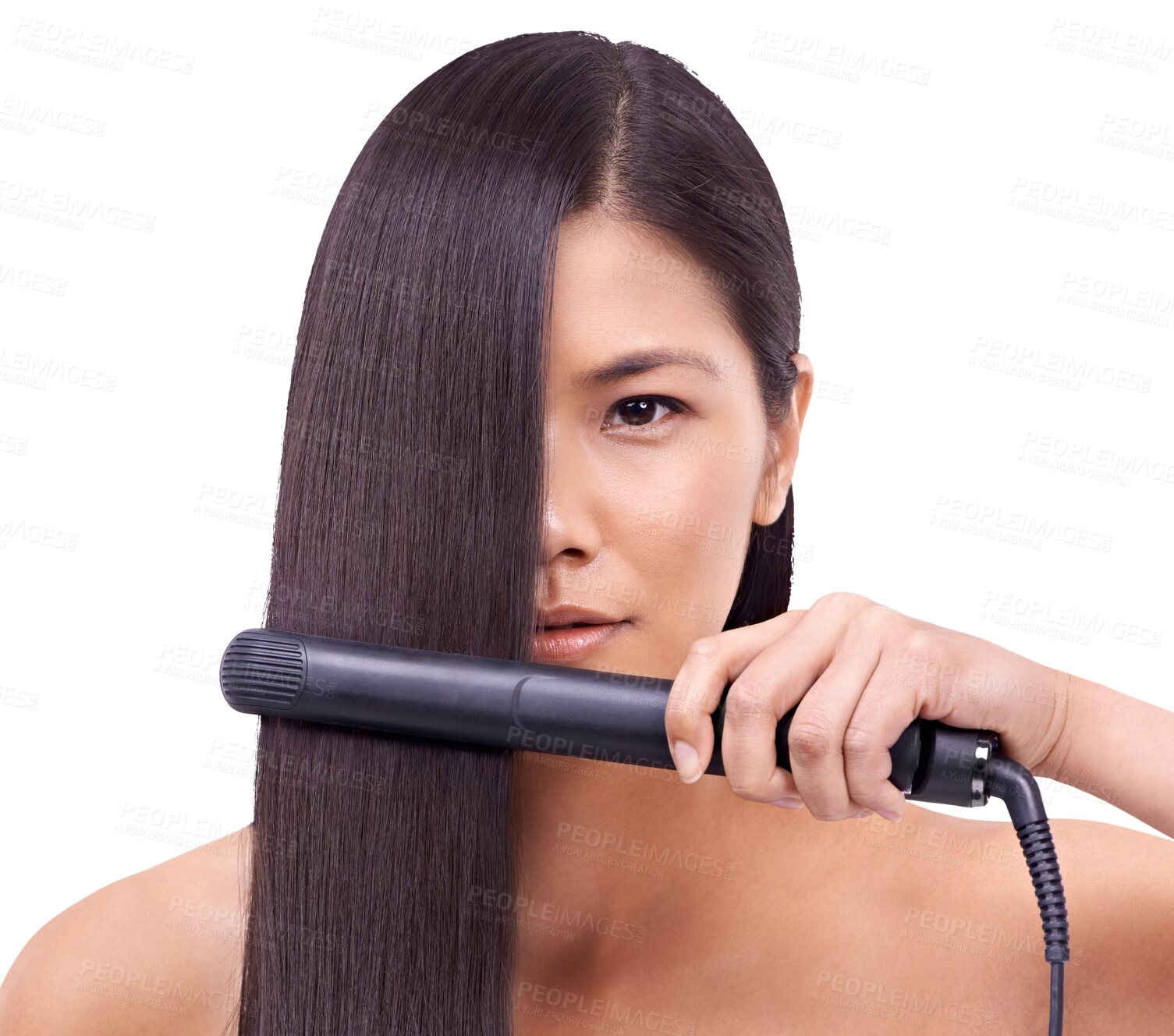 Buy stock photo Asian woman, portrait and hair straightener for salon treatment isolated on a transparent PNG background. Face of female person or model in relax for straight haircare cosmetics, tool or flat iron