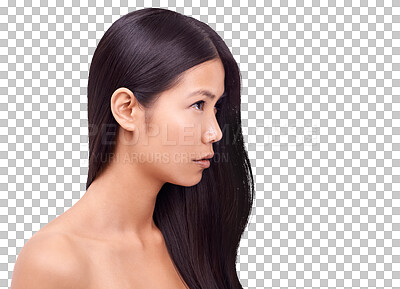 Buy stock photo Beauty, haircare and girl with shine or japanese in png or isolated and transparent background. Hairdresser, keratin treatment and glow with woman for natural growth with smooth results at salon.