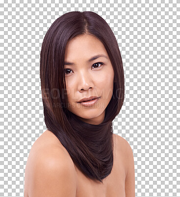 Buy stock photo Hair care, self care and portrait of a woman with a cosmetic, long and healthy salon treatment. Beauty, health and Asian female model with a beautiful hairstyle isolated by transparent png background