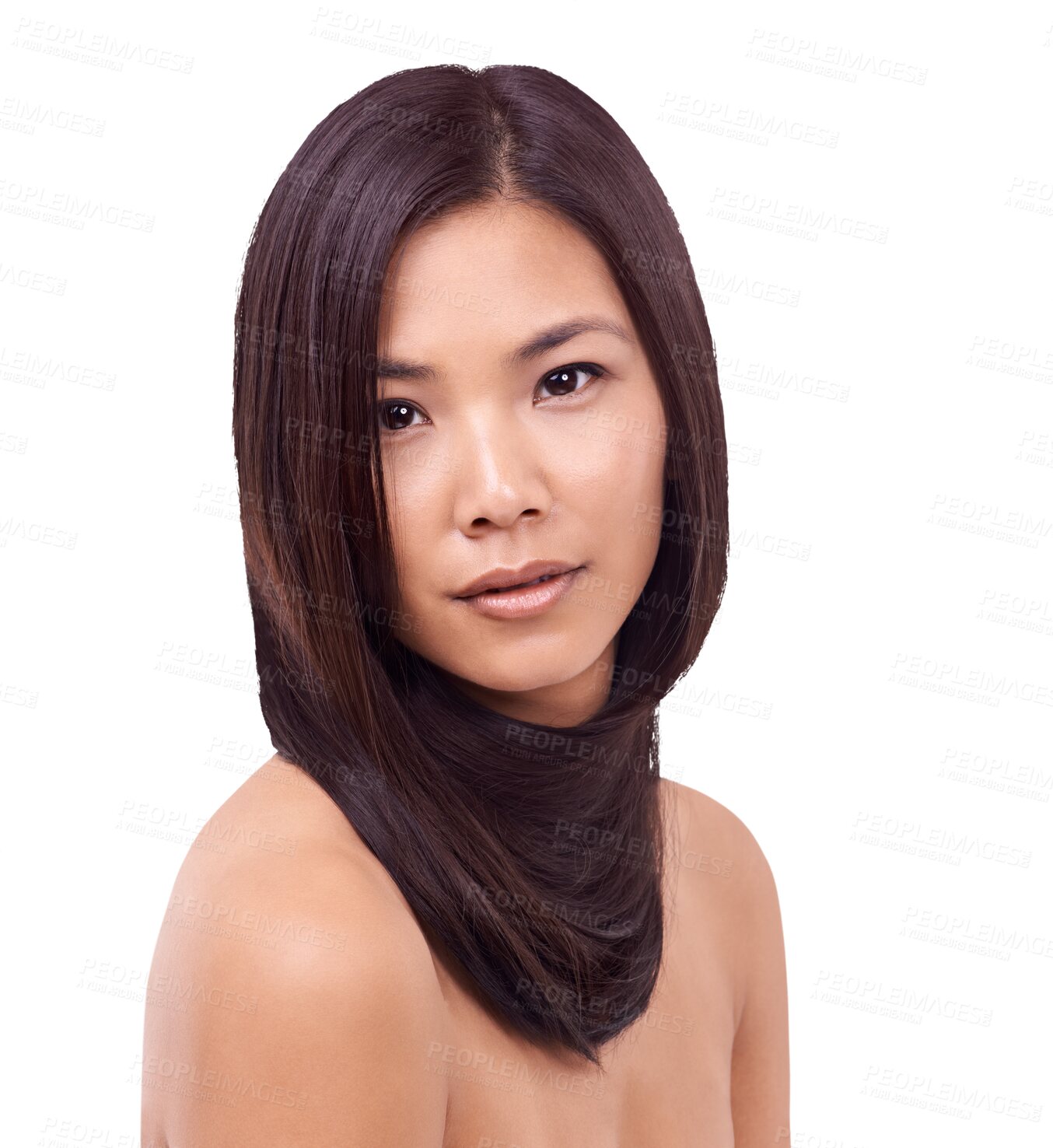 Buy stock photo Hair care, self care and portrait of a woman with a cosmetic, long and healthy salon treatment. Beauty, health and Asian female model with a beautiful hairstyle isolated by transparent png background