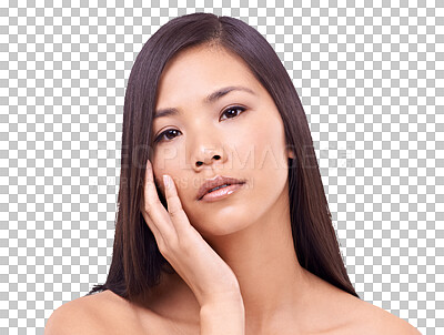 Buy stock photo Asian woman, portrait and hair in skincare or salon treatment isolated on a transparent PNG background. Face of calm female person or model in relax for natural haircare cosmetics, product or keratin