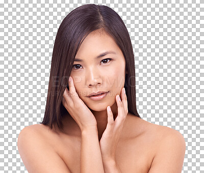 Buy stock photo Asian woman, portrait and natural beauty in skincare or salon treatment isolated on a transparent PNG background. Face of calm female person or model in relax for facial cosmetics, product or keratin