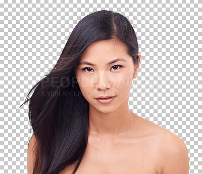 Buy stock photo Asian woman, portrait and hair salon or beauty treatment isolated on a transparent PNG background. Face of female person or young model with long hairstyle in relax for cosmetics, product or keratin