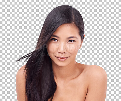 Buy stock photo Happy asian woman, portrait and hair beauty for salon treatment isolated on a transparent PNG background. Face of female person or model with smile in relax for haircare cosmetics, product or keratin