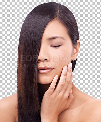 Buy stock photo Asian woman, hair and salon in relax for keratin beauty or skincare isolated on a transparent PNG background. Calm female person touching skin in satisfaction for haircare, product or cosmetics