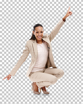 Buy stock photo Excited, pointing and portrait of business woman winner of promotion and happy isolated in a transparent or png background. Happy, smile and young entrepreneur with promo, deal or sale announcement