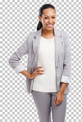 Buy stock photo Pride, smile or portrait of businesswoman with confidence isolated on transparent png background. Happy face, confident or proud female worker smiling with fashion, elegant clothes or classy style 