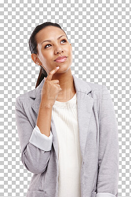 Buy stock photo Business, thinking or woman confused by ideas or problem solving isolated on transparent png background. Wonder, decision or thoughtful face of entrepreneur with confusion, startup solution or choice