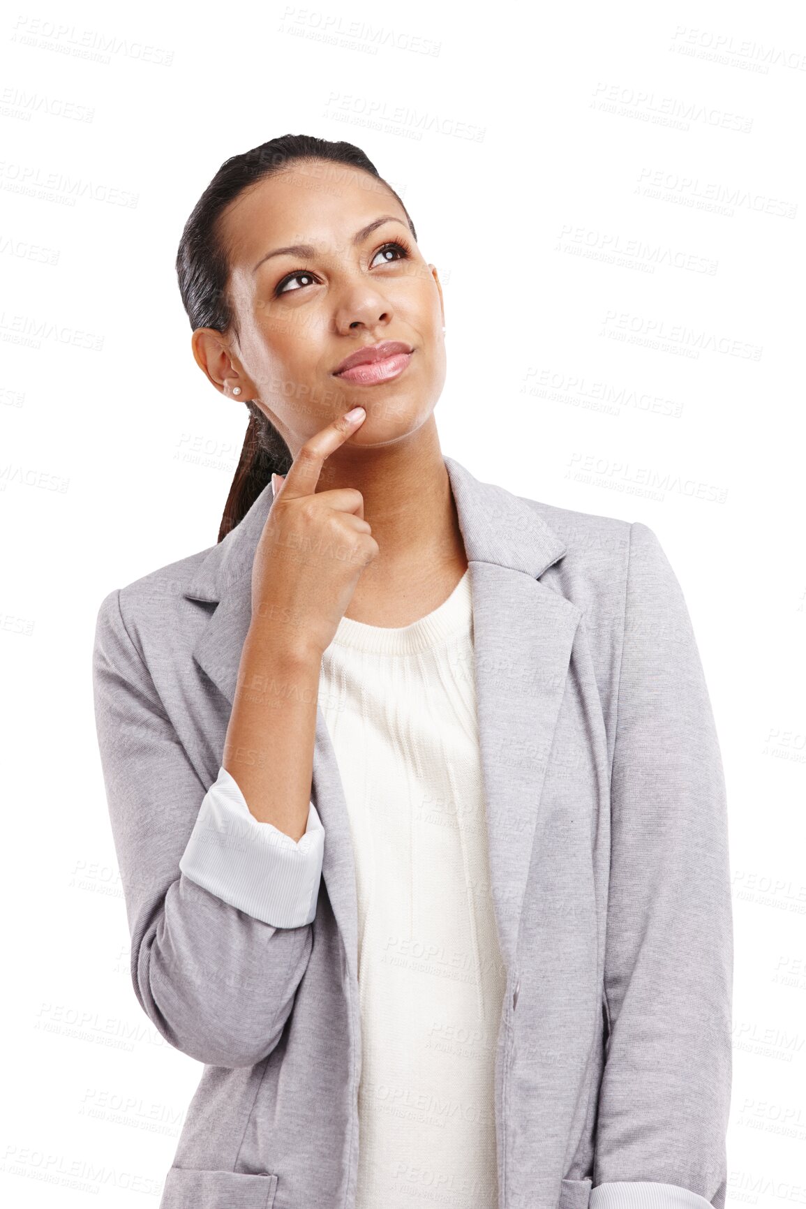 Buy stock photo Business, thinking or woman confused by ideas or problem solving isolated on transparent png background. Wonder, decision or thoughtful face of entrepreneur with confusion, startup solution or choice