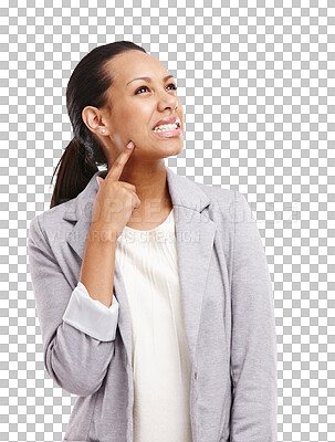 Buy stock photo Doubt, thinking or woman confused by ideas or problem solving isolated on transparent png background. Wonder, remember or thoughtful face of entrepreneur with confusion,  decision solution or choice