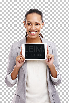 Buy stock photo Business, tablet or portrait of happy woman with screen space isolated on transparent png background. Smile, mockup or girl with digital technology for logo advertising, marketing or branding online