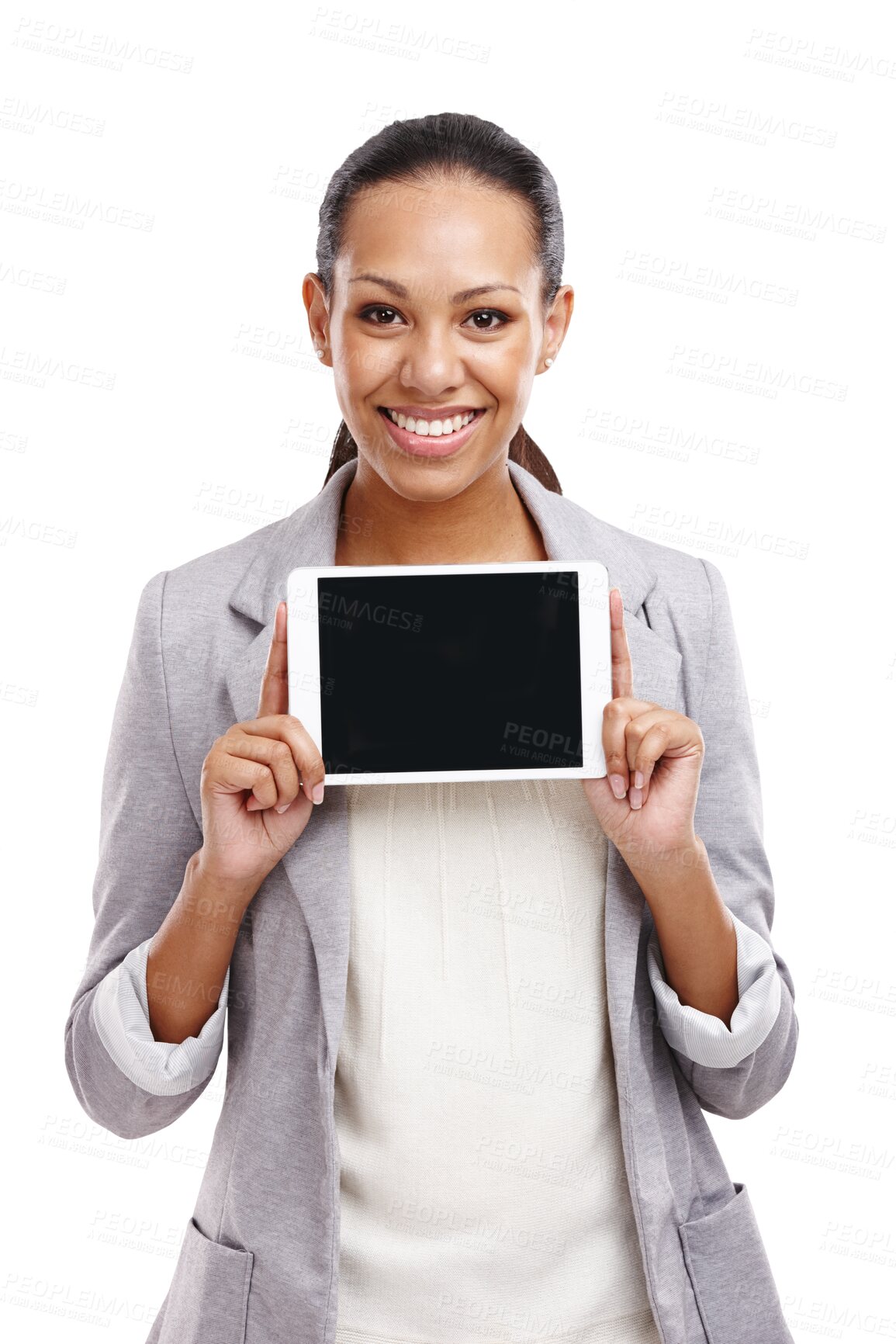 Buy stock photo Business, tablet or portrait of happy woman with screen space isolated on transparent png background. Smile, mockup or girl with digital technology for logo advertising, marketing or branding online