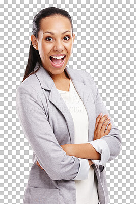 Buy stock photo Shocked, arms crossed and portrait of business woman on transparent background for surprise, announcement and notification. Professional, corporate and pride with female employee isolated on png