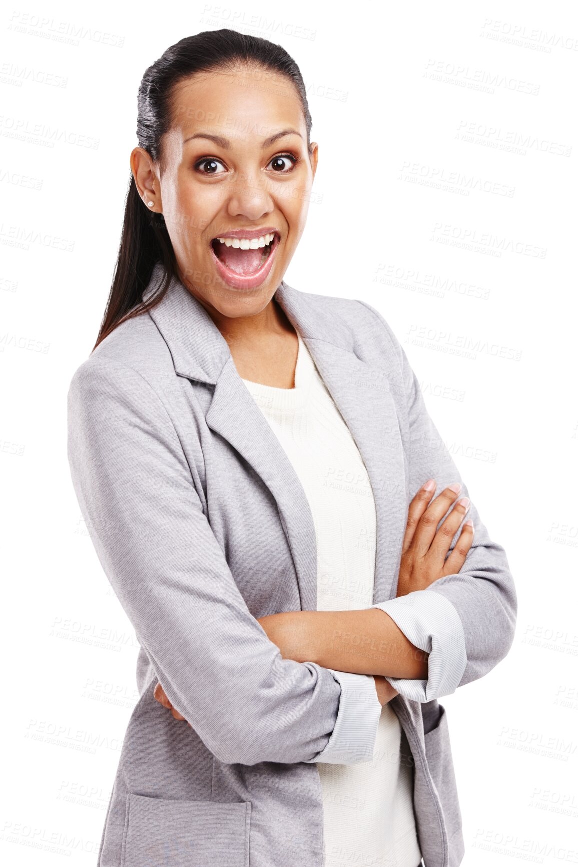 Buy stock photo Shocked, arms crossed and portrait of business woman on transparent background for surprise, announcement and notification. Professional, corporate and pride with female employee isolated on png