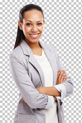 Buy stock photo Pride, smile or portrait of businesswoman with arms crossed isolated on transparent png background. Happy face, confident or proud female manager smiling with fashion, elegant clothes or classy style