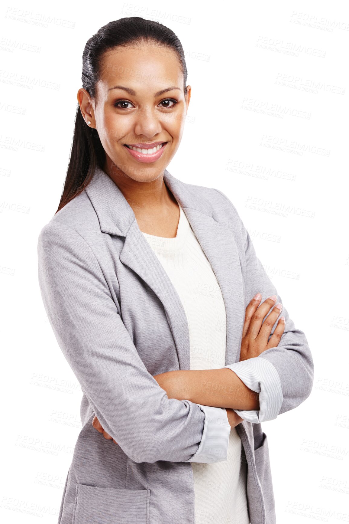 Buy stock photo Pride, smile or portrait of businesswoman with arms crossed isolated on transparent png background. Happy face, confident or proud female manager smiling with fashion, elegant clothes or classy style