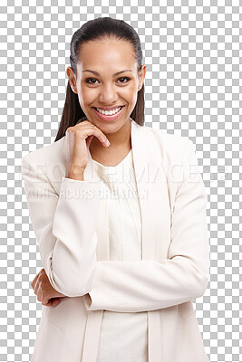 Buy stock photo Happy, smile and portrait of business woman on transparent background for professional, confident and pride. Entrepreneur, career and happiness with female employee isolated on png for startup