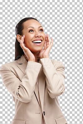 Buy stock photo Happy, smile and business woman on transparent background for success, professional and pride. Confidence, excited and winner with employee isolated on png for entrepreneur, vision and happiness