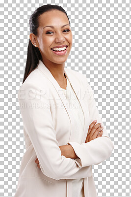 Buy stock photo Smile, arms crossed and portrait of business woman on transparent background for professional, confident and pride. Entrepreneur, career and happiness with female employee isolated on png for startup