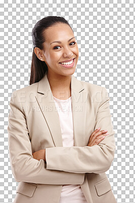 Buy stock photo Professional, arms crossed and portrait of business woman on transparent background for happy, confident and pride. Entrepreneur, smile and happiness with female employee isolated on png for startup