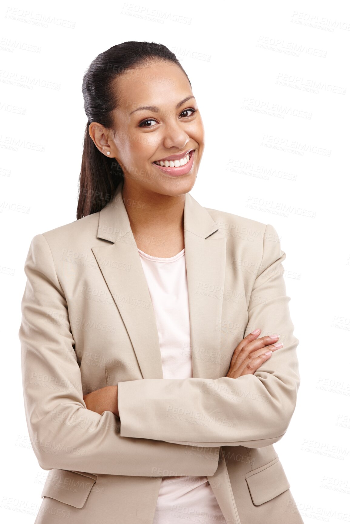 Buy stock photo Professional, arms crossed and portrait of business woman on transparent background for happy, confident and pride. Entrepreneur, smile and happiness with female employee isolated on png for startup