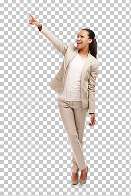 Buy stock photo Promotion, pointing and professional woman with announcement and happy isolated in a transparent or png background. Excited, business and young entrepreneur with promo, deal or discount sale