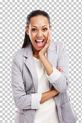 Buy stock photo Happy, surprise and portrait of business woman on transparent background for professional, confident and pride. Entrepreneur, smile and happiness with female employee isolated on png for startup