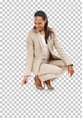 Buy stock photo Business woman, bending and pointing down, direction and advertising with signage isolated on transparent png background. Sign, show and presenting with female employee, announcement and startup news