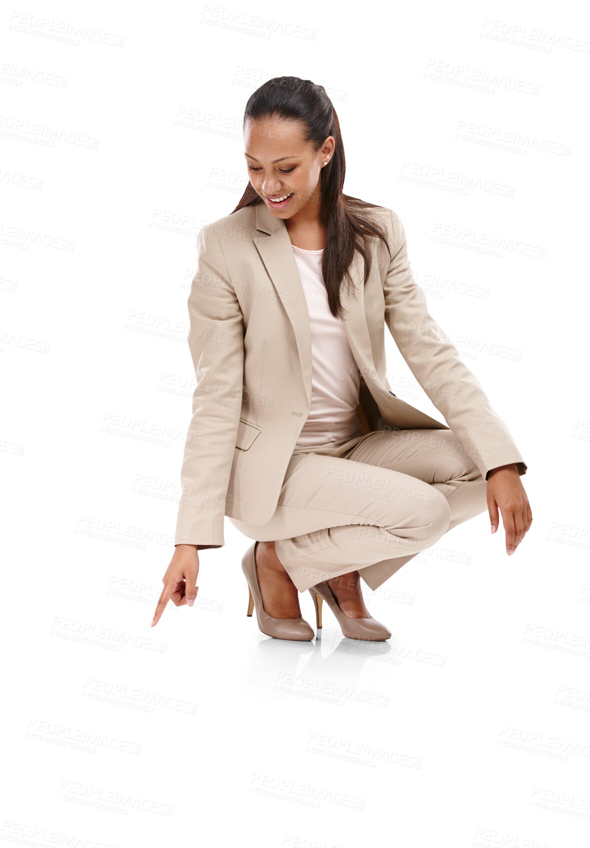 Buy stock photo Business woman, bending and pointing down, direction and advertising with signage isolated on transparent png background. Sign, show and presenting with female employee, announcement and startup news