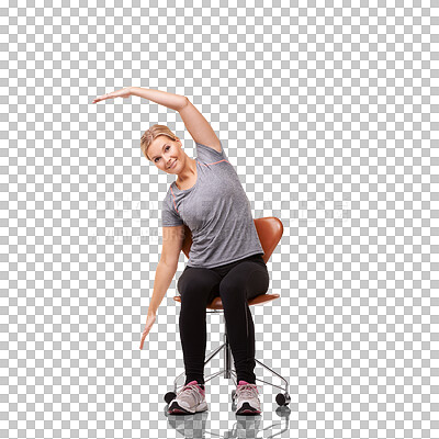 Buy stock photo Woman on chair, stretching and fitness with workout in portrait isolated on transparent png background. Health, wellness and exercise warm up, female person in sportswear with training and active