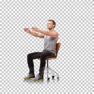 Buy stock photo Stretching, posture and fitness with man and chair on transparent background for workout, health and wellness. Focus, performance and challenge with person isolated on png for body and exercise