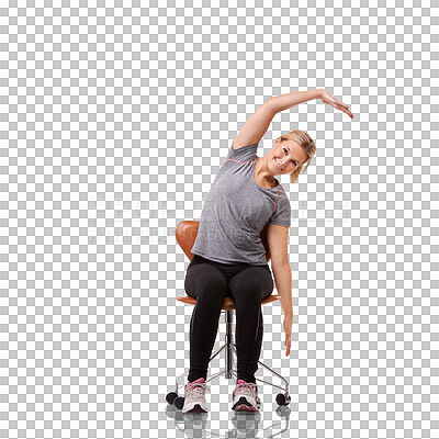 Buy stock photo Woman on chair, stretching and exercise with health in portrait isolated on transparent png background. Fitness, wellness and warm up, healthy female person in sportswear with training and active