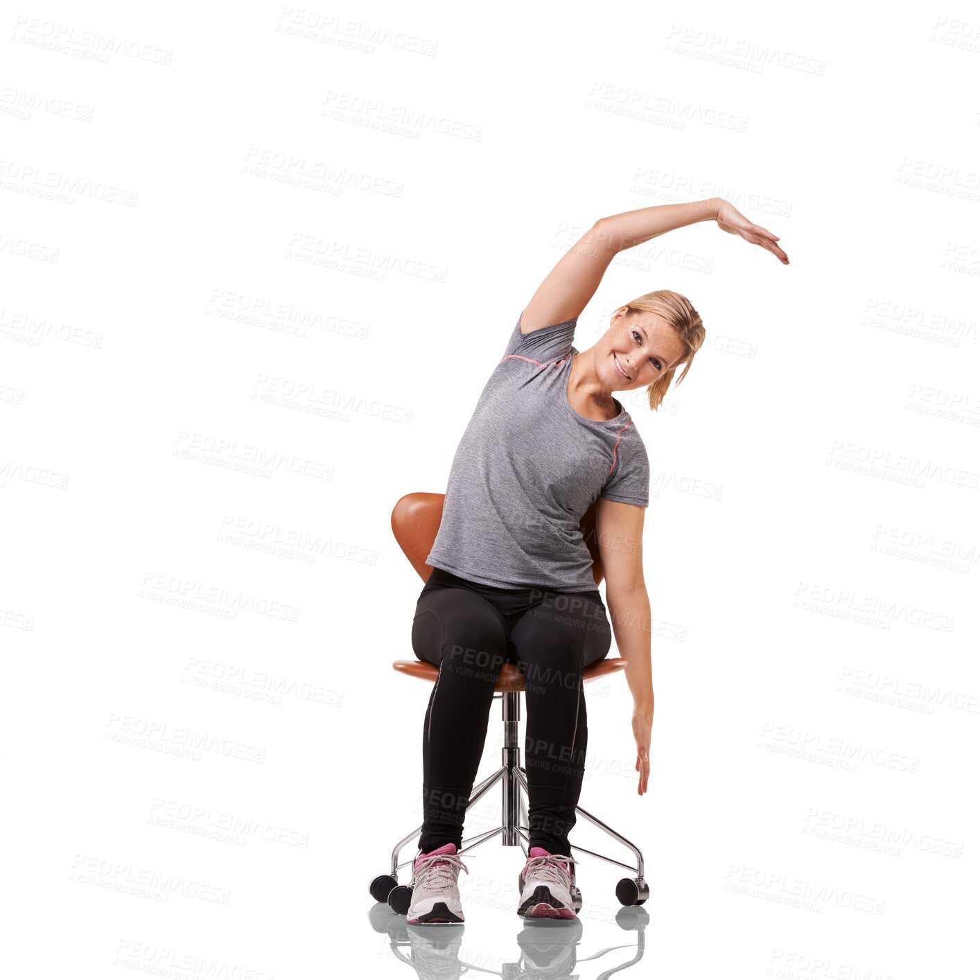 Buy stock photo Woman on chair, stretching and exercise with health in portrait isolated on transparent png background. Fitness, wellness and warm up, healthy female person in sportswear with training and active