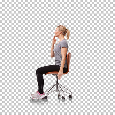 Buy stock photo Fitness, sitting and young woman on a chair for a full body or chin exercise, workout or training. Sports, health and female athlete fixing posture or position isolated by transparent png background.