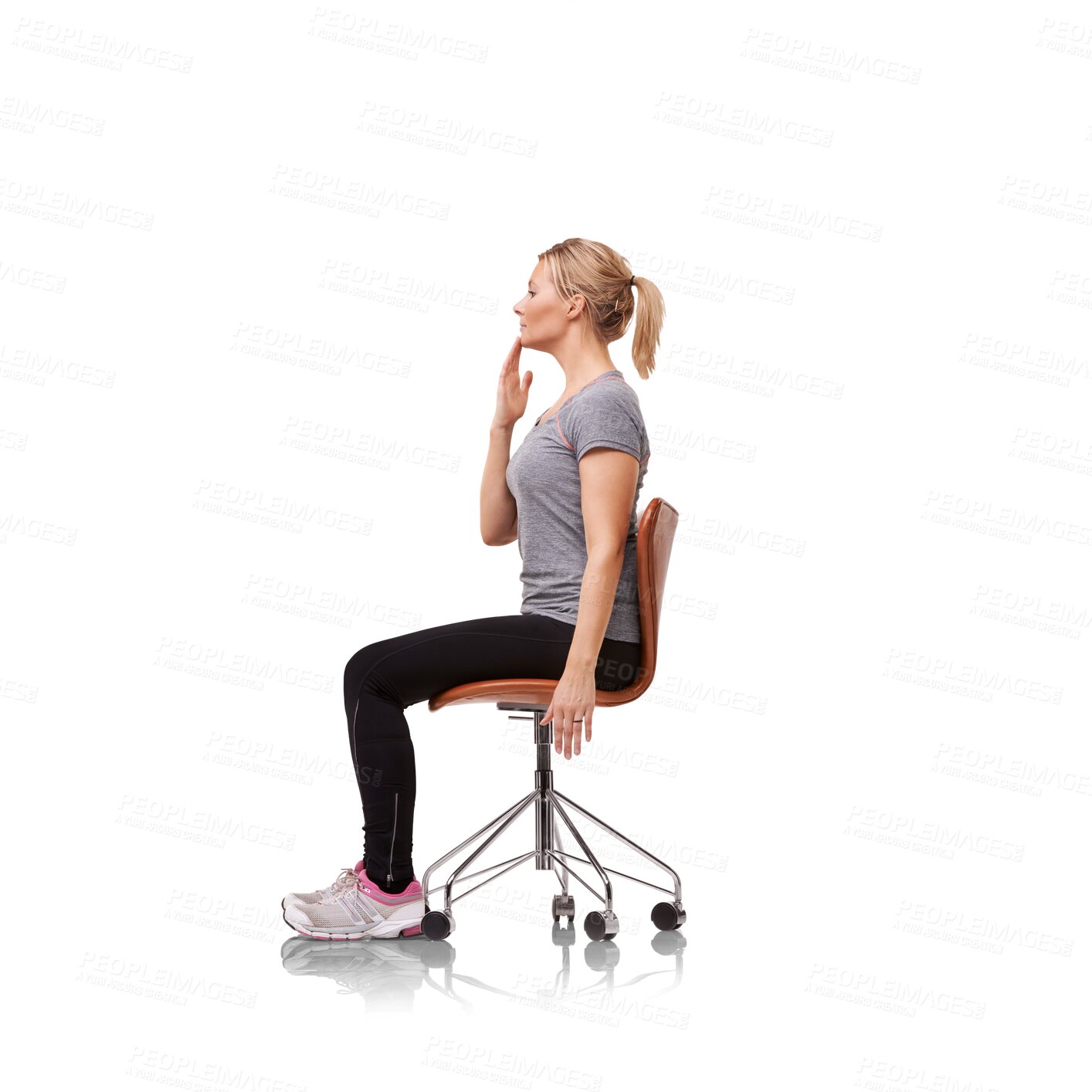 Buy stock photo Fitness, sitting and young woman on a chair for a full body or chin exercise, workout or training. Sports, health and female athlete fixing posture or position isolated by transparent png background.