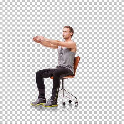 Buy stock photo Stretching, posture and training with man and chair on transparent background for workout, health and wellness. Focus, performance and challenge with person isolated on png for body and exercise