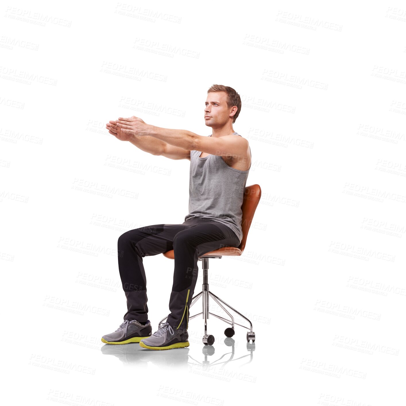 Buy stock photo Stretching, posture and training with man and chair on transparent background for workout, health and wellness. Focus, performance and challenge with person isolated on png for body and exercise