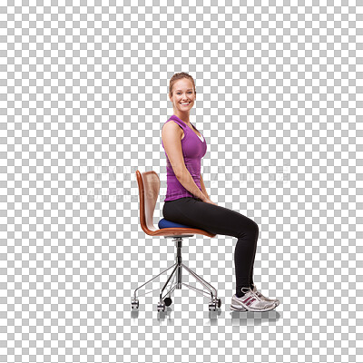 Buy stock photo Fitness, chair and portrait of a female athlete sitting after a workout, exercise or training. Happy, smile and young sports woman relaxing with confidence isolated by a transparent png background.