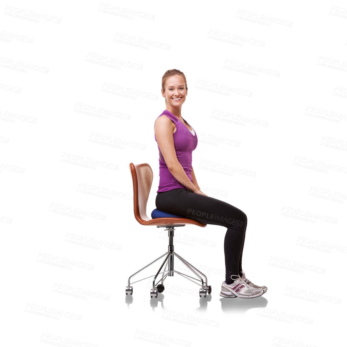 Buy stock photo Fitness, chair and portrait of a female athlete sitting after a workout, exercise or training. Happy, smile and young sports woman relaxing with confidence isolated by a transparent png background.