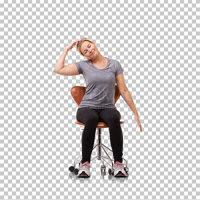 Buy stock photo Woman on chair, stretching neck and fitness, workout and healthy isolated on transparent png background. Health, wellness and exercise warm up, female person in physical therapy with active training