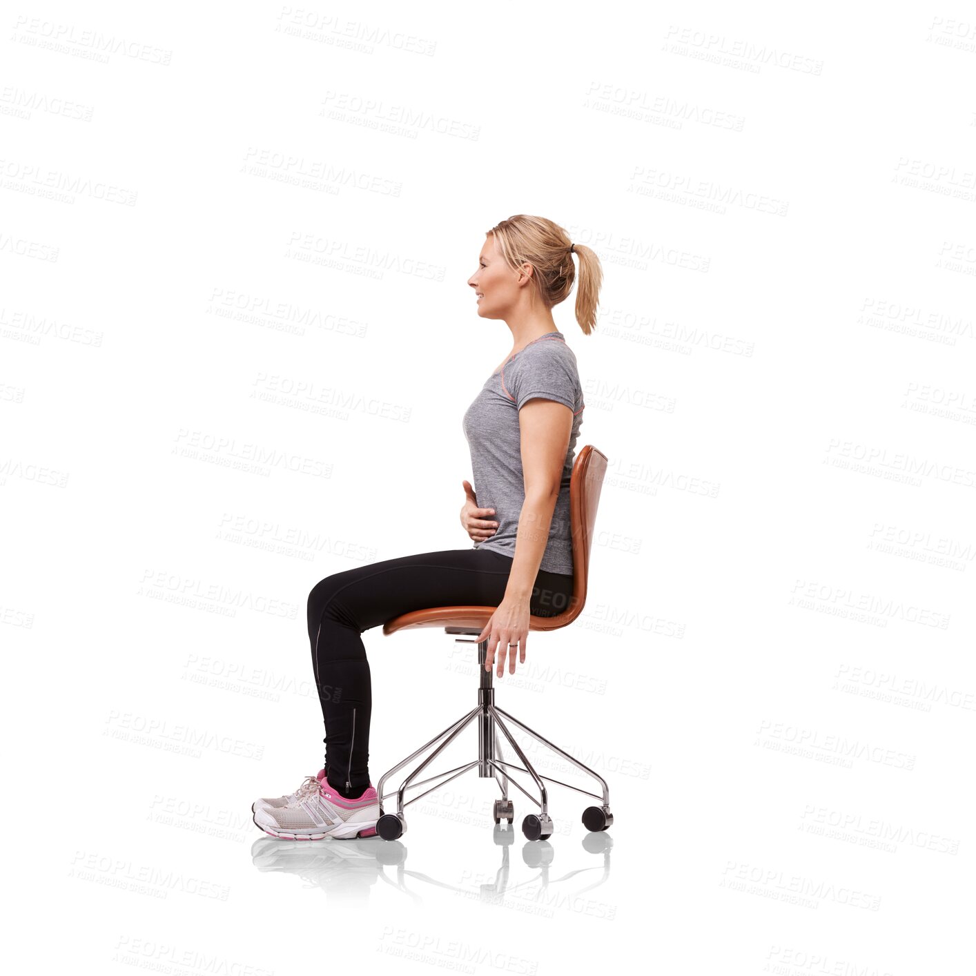 Buy stock photo Stretching, breathing and fitness with woman and chair on transparent background for training, workout and health. Exercise, wellness and posture with person isolated on png for body and challenge