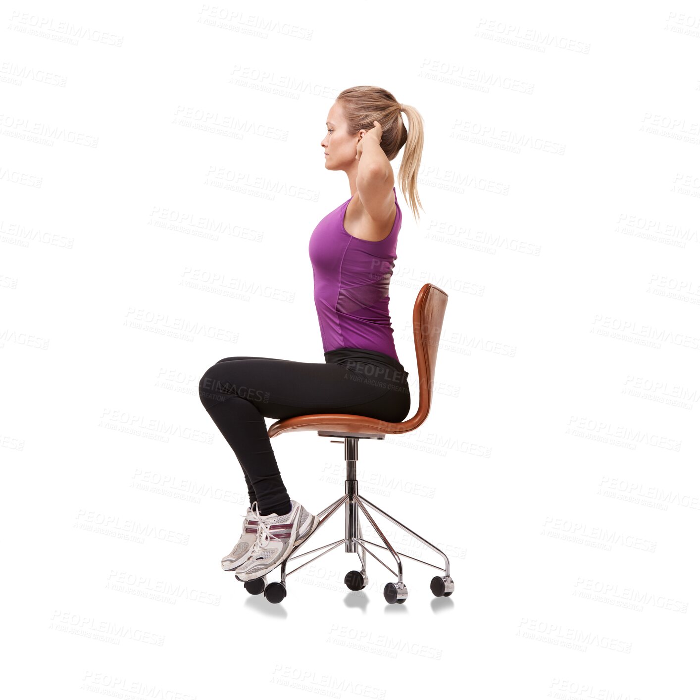 Buy stock photo Chair, fitness and woman stretching for posture on isolated, png and transparent background. Exercise, healthy body and female person sitting and stretch arms for wellness, performance and training