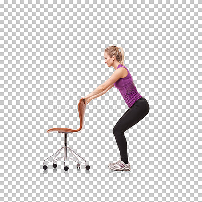 Buy stock photo Fitness, chair and woman doing a squat exercise for posture correction after a workout or training. Wellness, sports and young female athlete in position isolated by a transparent png background.